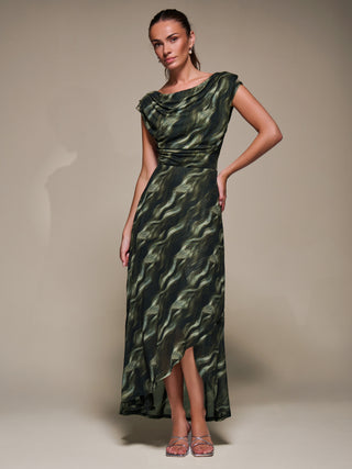 Asymmetric Draped Mesh Maxi Dress, Khaki Abstract
