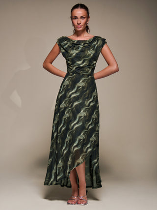 Asymmetric Draped Mesh Maxi Dress, Khaki Abstract
