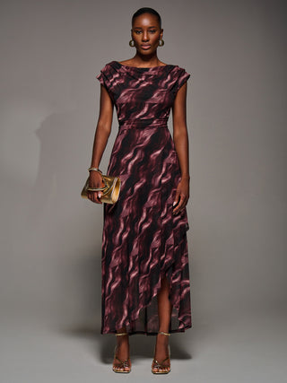 Asymmetric Draped Mesh Maxi Dress, Pink Abstract