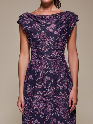 Asymmetric Draped Mesh Maxi Dress, Purple Floral