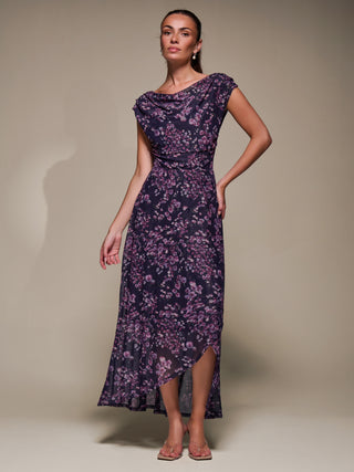 Asymmetric Draped Mesh Maxi Dress, Purple Floral