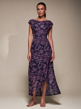 Asymmetric Draped Mesh Maxi Dress, Purple Floral