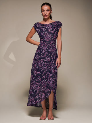 Asymmetric Draped Mesh Maxi Dress, Purple Floral