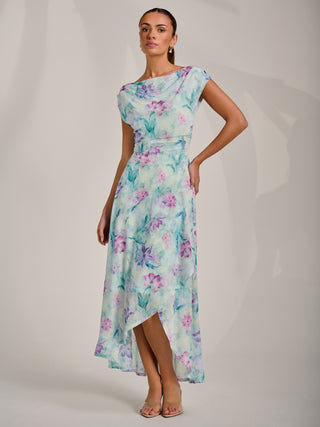 Asymmetric Draped Mesh Maxi Dress, Green Floral