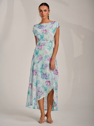 Asymmetric Draped Mesh Maxi Dress, Green Floral