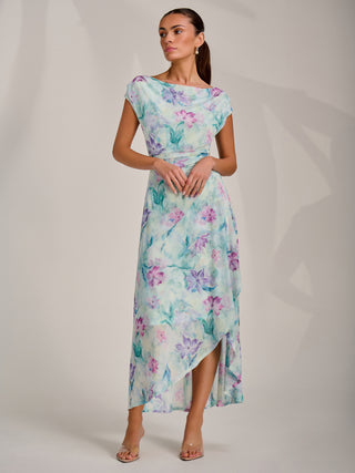 Asymmetric Draped Mesh Maxi Dress, Green Floral