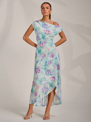 Asymmetric Draped Mesh Maxi Dress, Green Floral