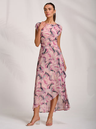 Asymmetric Draped Mesh Maxi Dress, Pink Abstract