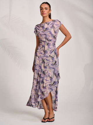Asymmetric Draped Mesh Maxi Dress, Purple Abstract