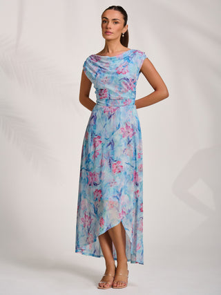 Asymmetric Draped Mesh Maxi Dress, Blue Floral