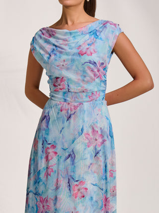 Asymmetric Draped Mesh Maxi Dress, Blue Floral