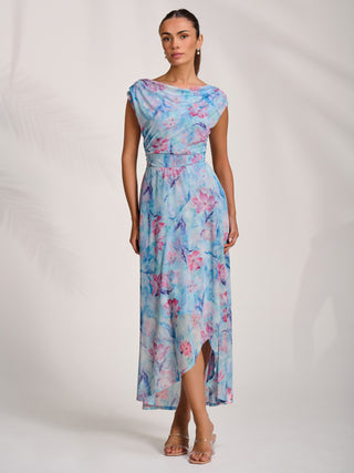Asymmetric Draped Mesh Maxi Dress, Blue Floral