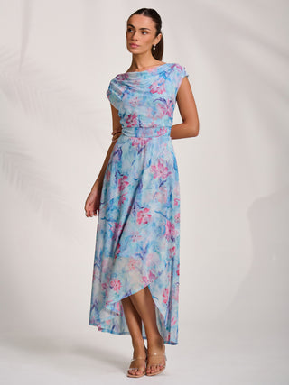 Asymmetric Draped Mesh Maxi Dress, Blue Floral
