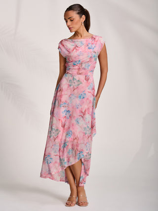 Asymmetric Draped Mesh Maxi Dress, Pink Floral