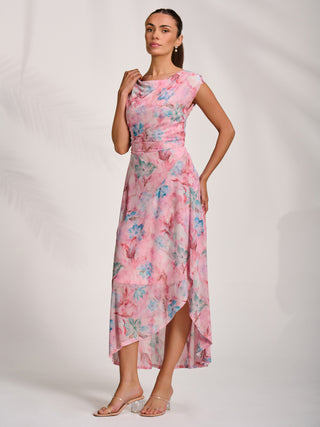 Asymmetric Draped Mesh Maxi Dress, Pink Floral