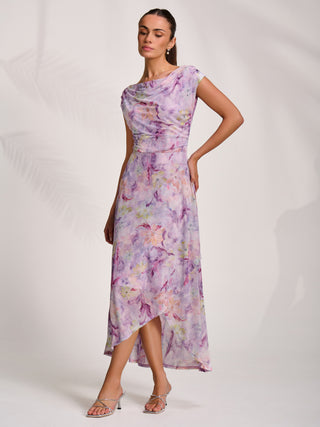 Asymmetric Draped Mesh Maxi Dress, Purple Floral