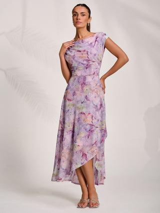Asymmetric Draped Mesh Maxi Dress, Purple Floral