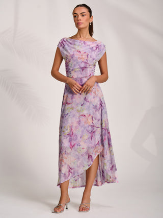 Asymmetric Draped Mesh Maxi Dress, Purple Floral