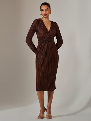 Plisse Long Sleeve Midi Dress, Brown