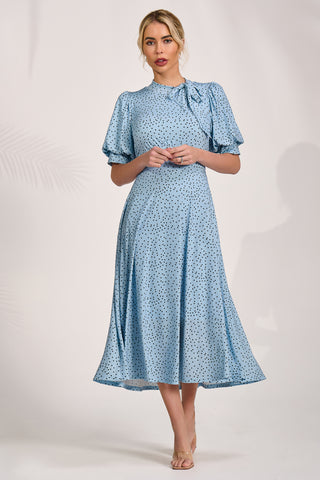 Tie Neck Puffy Sleeve Jersey Midi Dress, Blue Spot