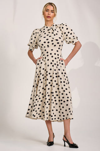 Tie Neck Puffy Sleeve Jersey Midi Dress, Cream Spot