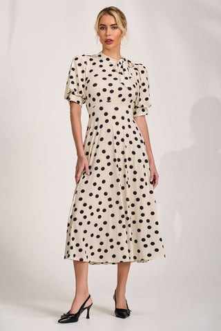 Tie Neck Puffy Sleeve Jersey Midi Dress, Cream Spot