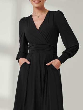 Long Sleeve Soft Silky Jersey Maxi Dress, Black