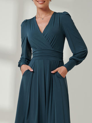 Long Sleeve Soft Silky Jersey Maxi Dress, Dark Teal