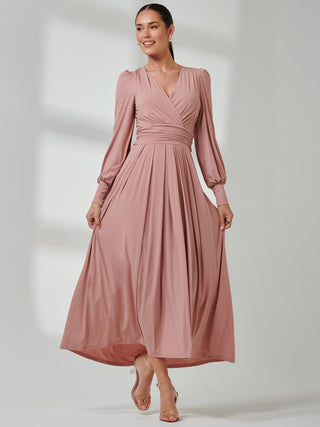 Long Sleeve Soft Silky Jersey Maxi Dress, Dusty Pink