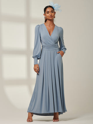 Giulia Long Sleeve Maxi Dress, Steel Blue