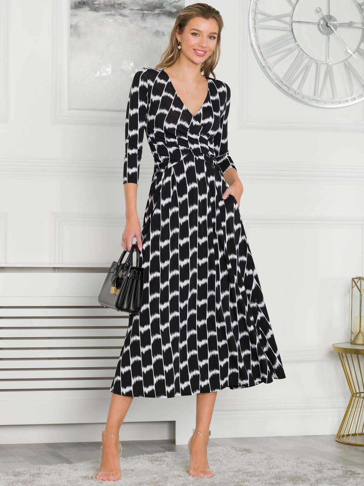 Quintella Jersey Side Split Maxi Dress, Black Geo