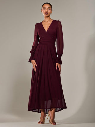 Long Sleeve Mesh Maxi Dress, Burgundy