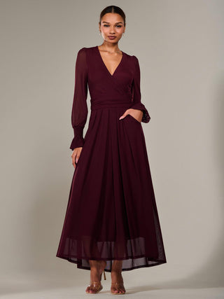 Long Sleeve Mesh Maxi Dress, Burgundy