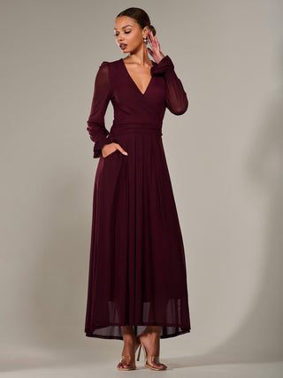 Long Sleeve Mesh Maxi Dress, Burgundy