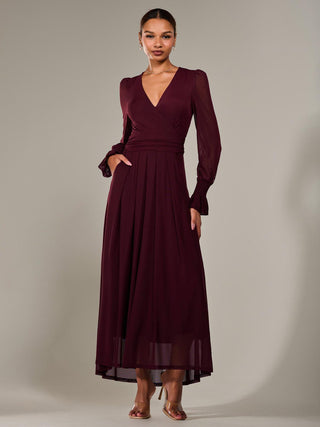 Long Sleeve Mesh Maxi Dress, Burgundy