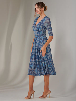 Mesh Wrap Midi Dress, Blue Pattern