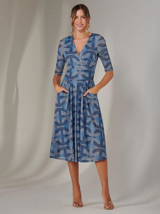 Mesh Wrap Midi Dress, Blue Pattern