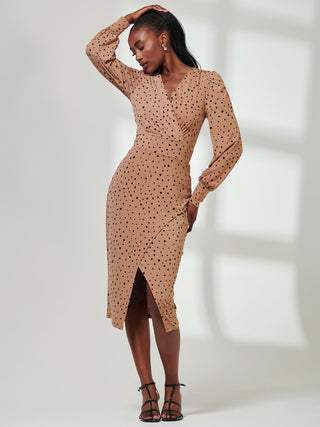 Jersey Wrap Slit Pencil Dress, Black Spot