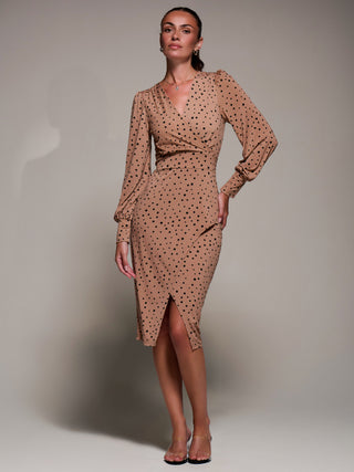 Jersey Wrap Slit Pencil Dress, Black Spot