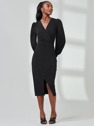 Jersey Wrap Slit Pencil Dress, Black