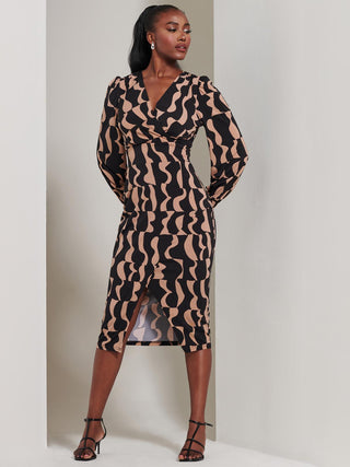 Jersey Wrap Slit Pencil Dress, Brown Pattern