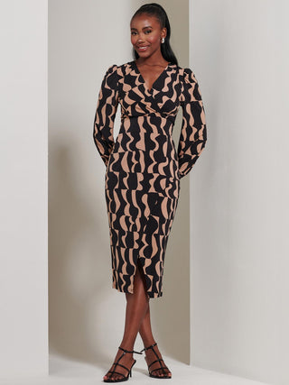 Jersey Wrap Slit Pencil Dress, Brown Pattern