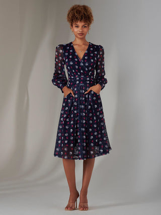 Long Sleeve Lace Print Midi Dress, Navy Abstract