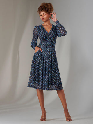 Long Sleeve Lace Print Midi Dress, Navy Geo