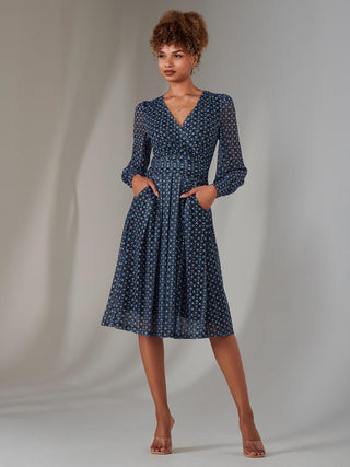 Long Sleeve Lace Print Midi Dress, Navy Geo