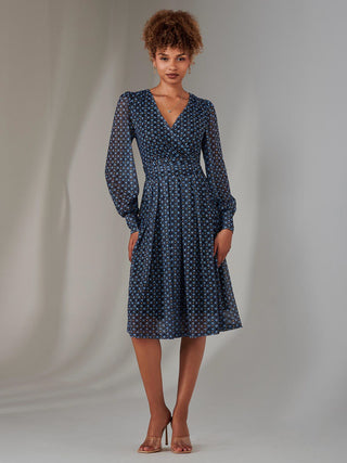 Long Sleeve Lace Print Midi Dress, Navy Geo