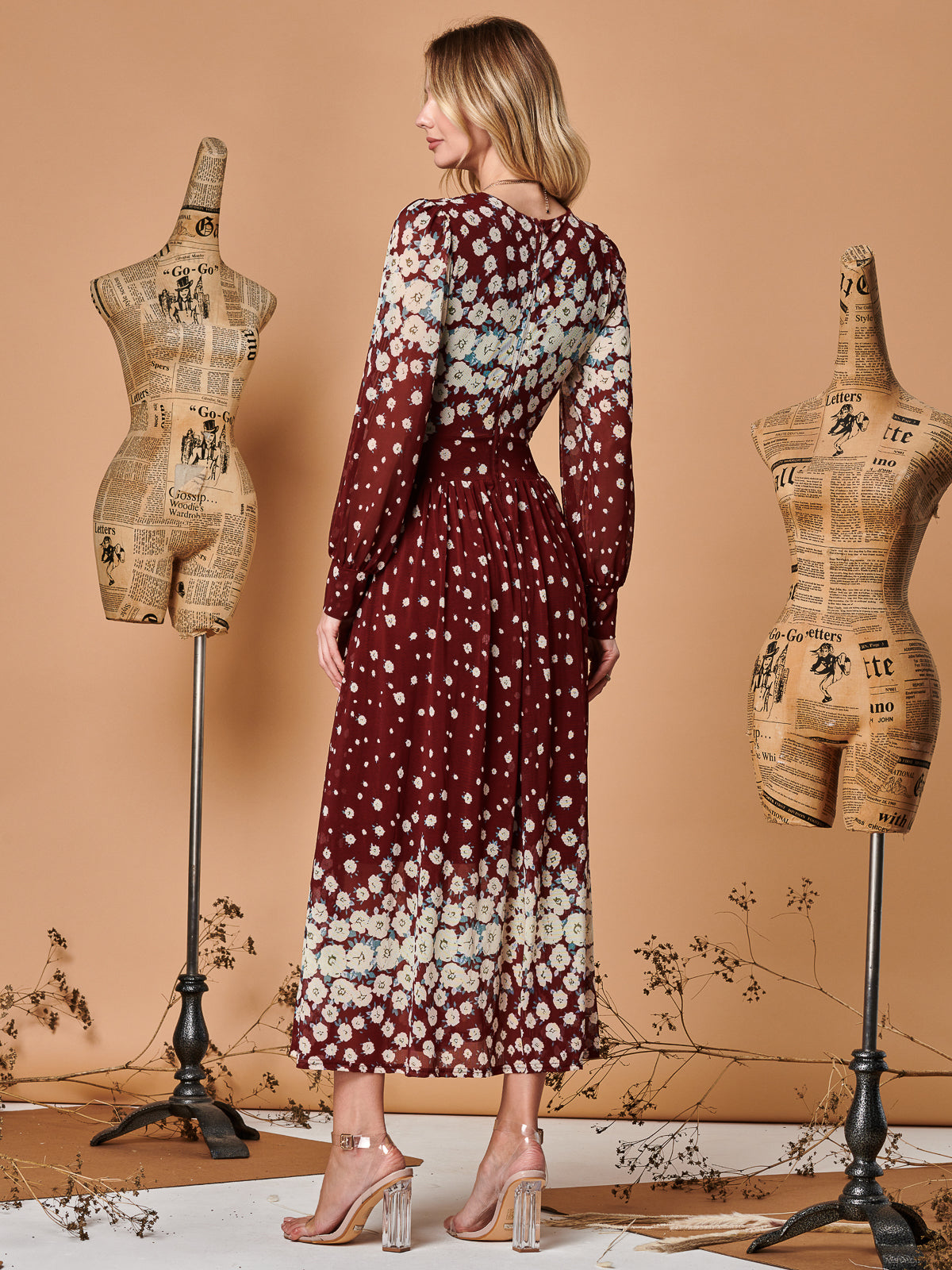Symmetrical Print Mesh Maxi Dress, Burgundy