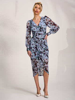Lace Long Sleeve Ruched Bodycon Dress, Blue Floral
