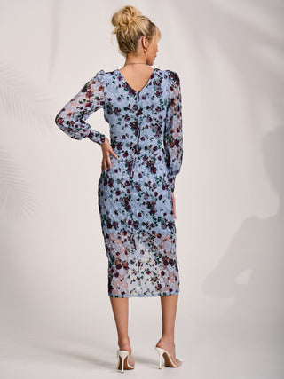 Lace Long Sleeve Ruched Bodycon Dress, Blue Floral