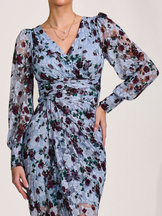 Lace Long Sleeve Ruched Bodycon Dress, Blue Floral